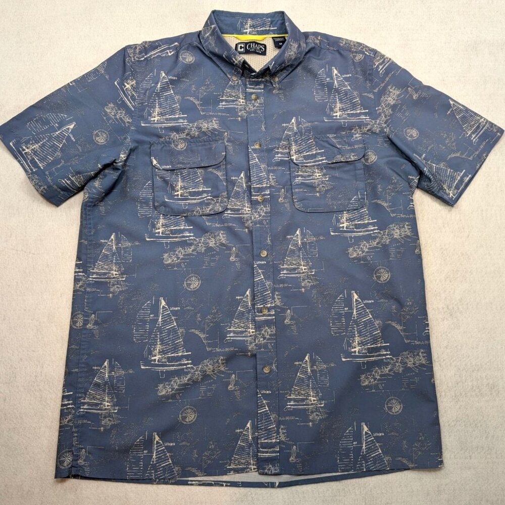 Chaps Men's Blue Sailing Print Short Sleeve Button-Down Fishing Shirt Size M